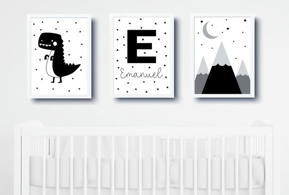 Quadros Bebê Menino Dinossauro Montanhas e Nome
