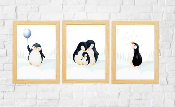 Quadros Bebê Menino Família Pinguins A4