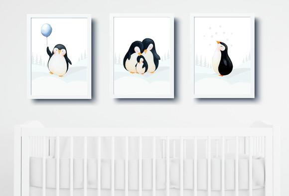Quadros Bebê Menino Família Pinguins A4