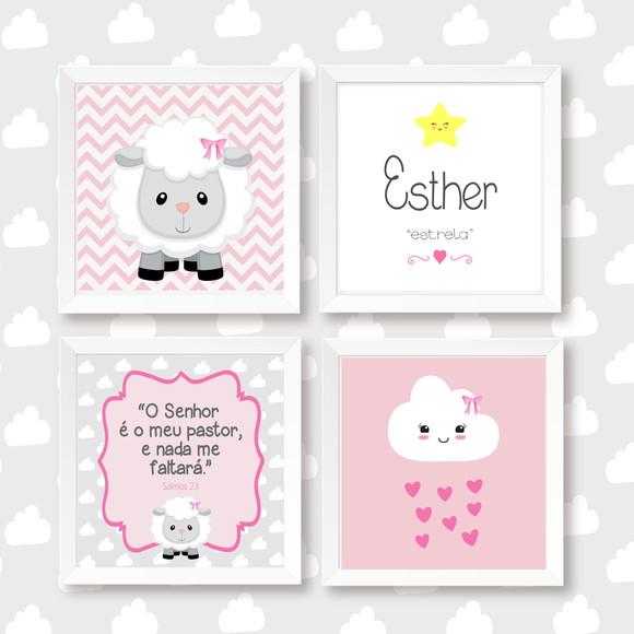 Quadros Bebê Ovelha Nuvem Nome Personalizado