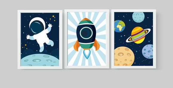 Quadros Decoração Infantil Astronauta Foguete e Planetas A4