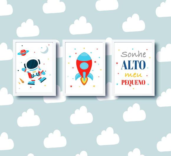 Quadros Decoração Infantil Astronauta Foguete e Sonhe Alto