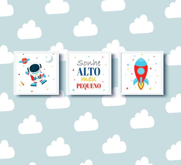 Quadros Decoração Infantil Astronauta Foguete e Sonhe Alto