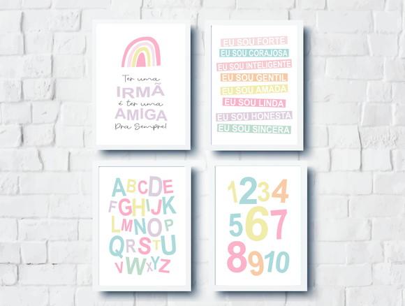 Quadros Decoração Infantil Irmãs Arco Íris Alfabeto Números