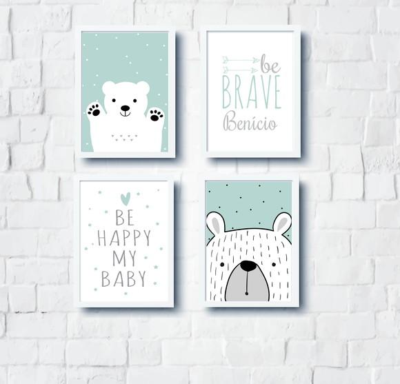 Quadros Escandinavo Infantil Ursos Be Happy e Be Brave