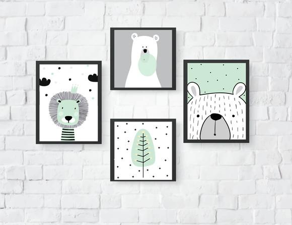 Quadros Escandinavo Infantil Ursos Leão e Árvore