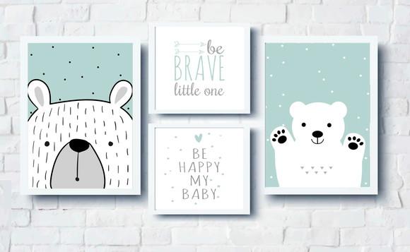 Quadros Escandinavo Infantil Ursos Be Happy e Be Brave