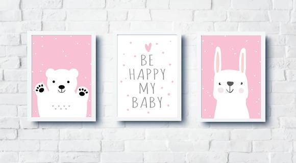 Quadros Escandinavo Menina Urso Polar Be Happy e Coelho A4