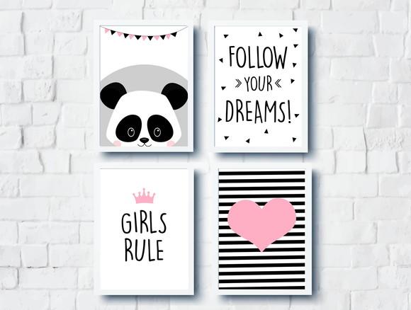 Quadros Escandinavos Panda Girls Rule e Follow Your Dreams