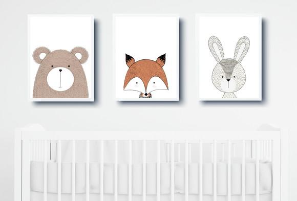 Quadros Infantil Animais Escandi Raposa Coelho e Urso A3
