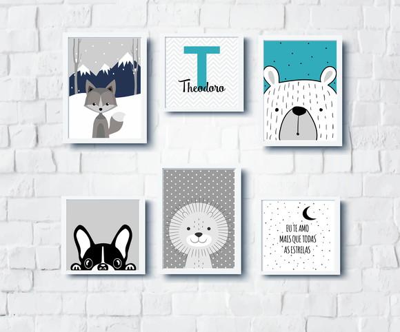 Quadros Infantil Animais Escandinavos e Nome Personalizado