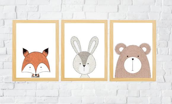 Quadros Infantil Animais Escandinavos Raposa Coelho e Urso