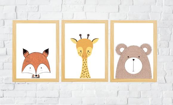 Quadros Infantil Animais Escandinavos Raposa Urso e Girafa