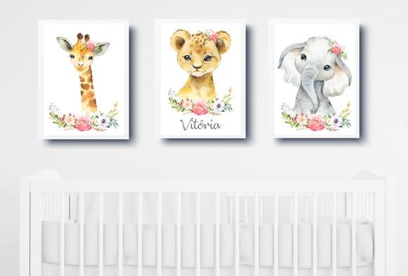 Quadros Infantil Bebê Menina Animais Safari Aquarela A3