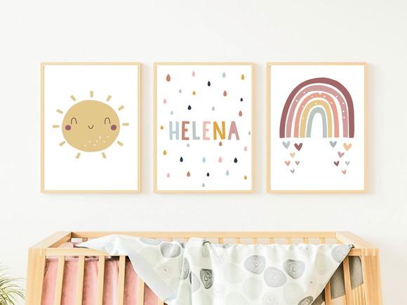 Quadros Infantil Boho Sol Nome e Arco Íris A3