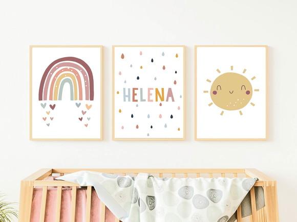 Quadros Infantil Boho Sol Nome e Arco Íris A4
