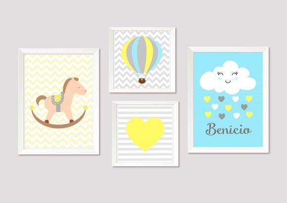 Quadros Infantil Cavalinho Nuvem Balão Menino
