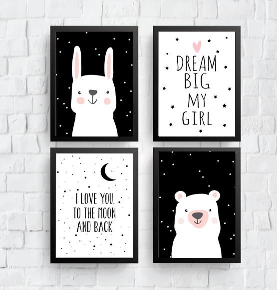 Quadros Infantil Coelho Urso Dream Big e Eu Te Amo A4