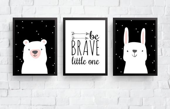 Quadros Infantil Coelho Urso Escandinavo e Be Brave A3