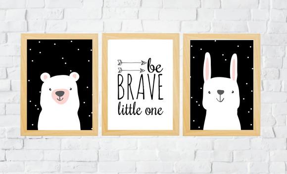 Quadros Infantil Coelho Urso Escandinavo e Be Brave A3