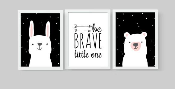 Quadros Infantil Coelho Urso Escandinavo e Be Brave A3