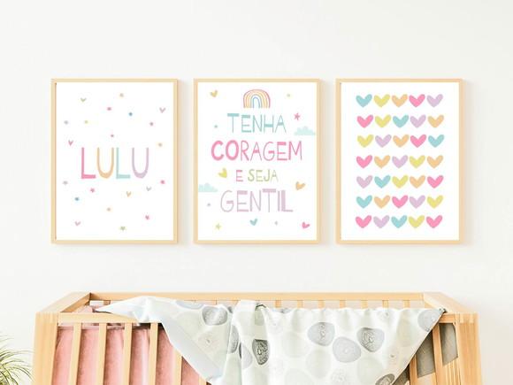 Quadros Infantil Corações Tenha Coragem Seja Gentil e Nome