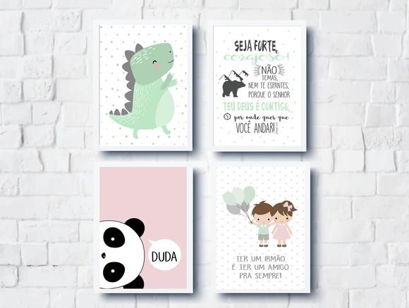 Quadros Infantil Dinossauro Irmãos Versículo e Panda