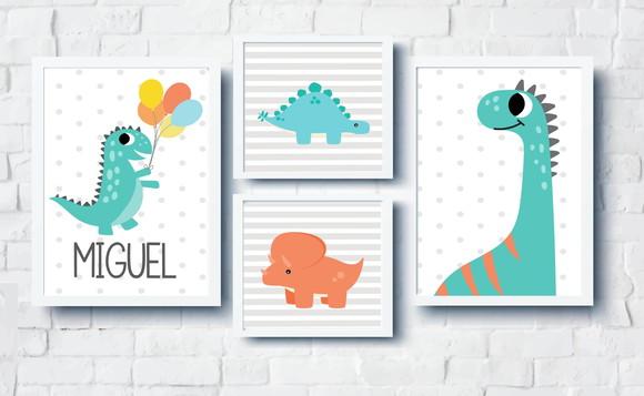 Quadros Infantil Dinossauros Balões e Nome Personalizado