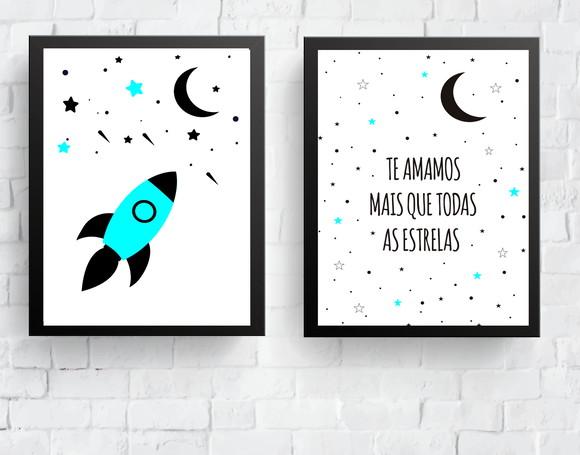 Quadros Infantil Escandinavo Foguete e Te Amamos Mais