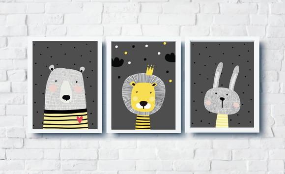 Quadros Infantil Escandinavo Leão Coelho Urso A4