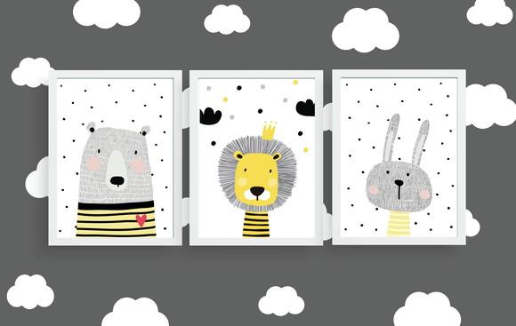 Quadros Infantil Escandinavo Leão Coelho Urso A4