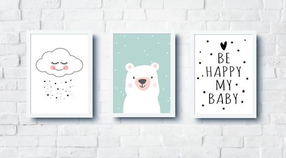 Quadros Infantil Escandinavo Nuvem Ursinho Be Happy