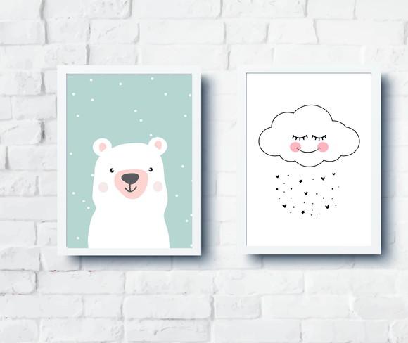 Quadros Infantil Escandinavo Nuvem Ursinho A4