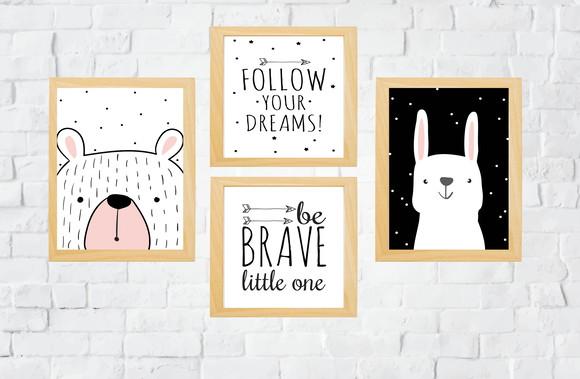 Quadros Infantil Escandinavo Urso Coelho e Be Brave
