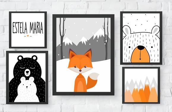 Quadros Infantil Escandinavo Raposa Ursos e Montanhas A4