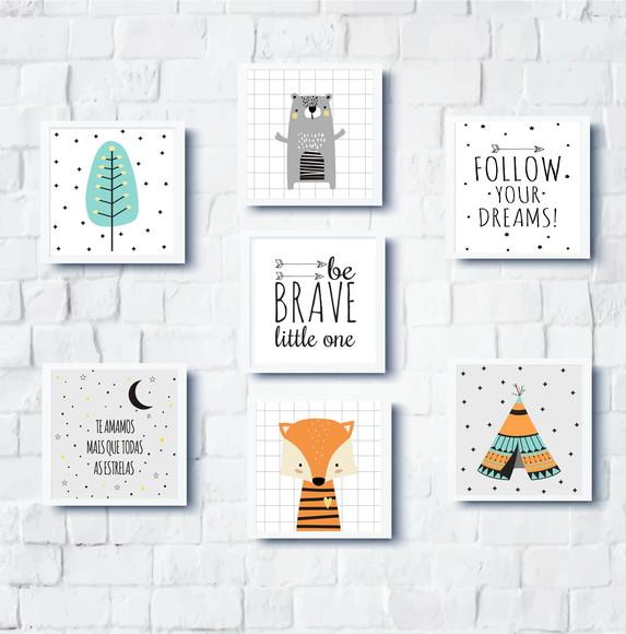 Quadros Infantil Escandinavo Urso Raposa Cabana e Be Brave