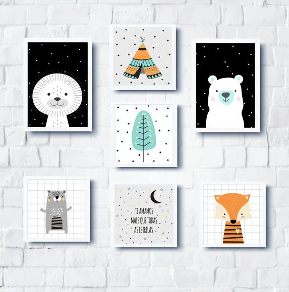 Quadros Infantil Escandinavo Urso Raposa Cabana e Árvore