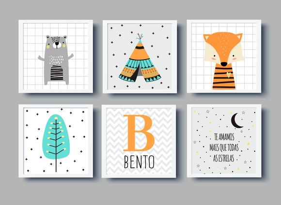 Quadros Infantil Escandinavo Urso Raposa Cabana Boho