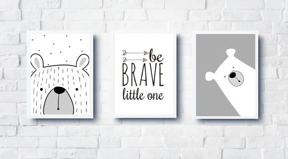 Quadros Infantil Escandinavo Ursos e Be Brave A4