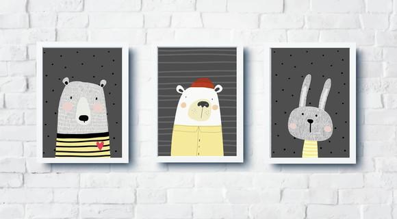 Quadros Infantil Escandinavo Ursos e Coelho A4