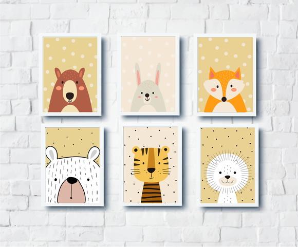 Quadros Infantil Escandinavo Ursos Coelho Raposa Leao A4
