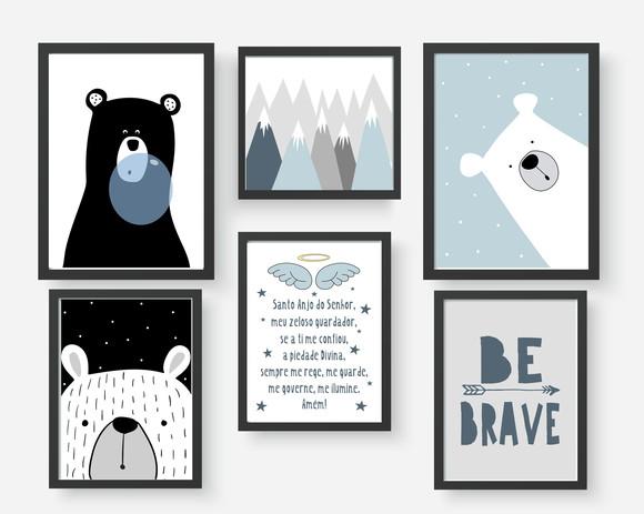 Quadros Infantil Escandinavo Ursos Montanhas Oração Be Brave