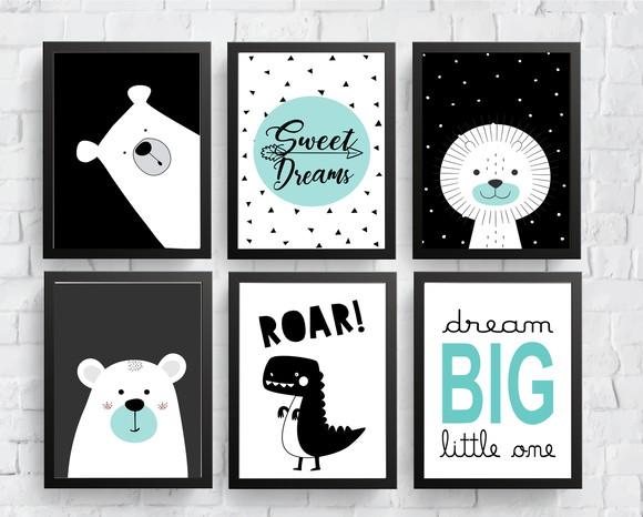 Quadros Infantil Escandinavos Urso Leão Dino Dream Big A4