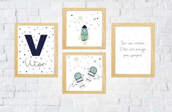 Quadros Infantil Foguete Irmãos Astronautas e Nome