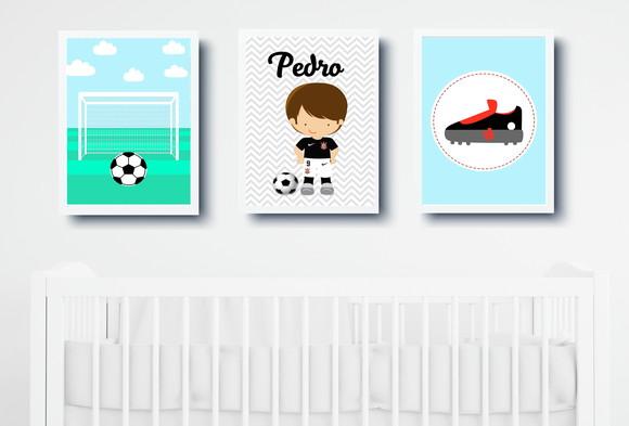 Quadros Infantil Jogador Futebol Bola Chuteira e Nome