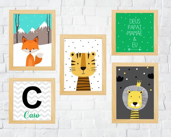 Quadros Infantil Leão Raposa Tigre e Nome Personalizado