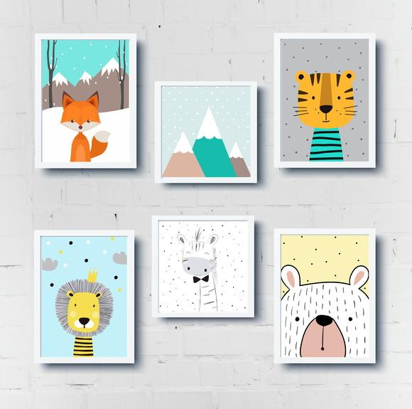 Quadros Infantil Leão Raposa Tigre Montanhas