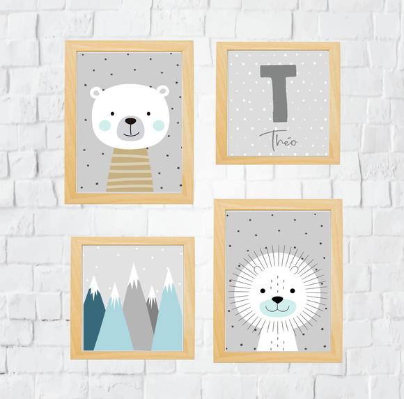Quadros Infantil Leão Urso Montanhas Escandinavas e Nome