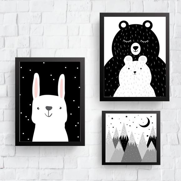 Quadros Infantil Mamãe Urso Coelho Montanhas Escandinavas