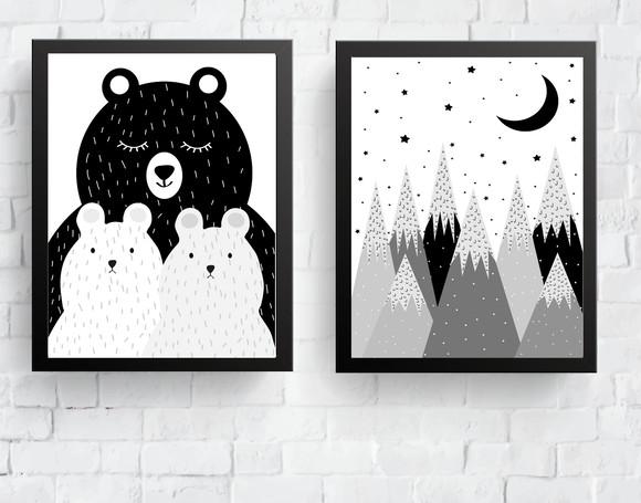 Quadros Infantil Mamãe Urso e Montanhas Escandinavas
